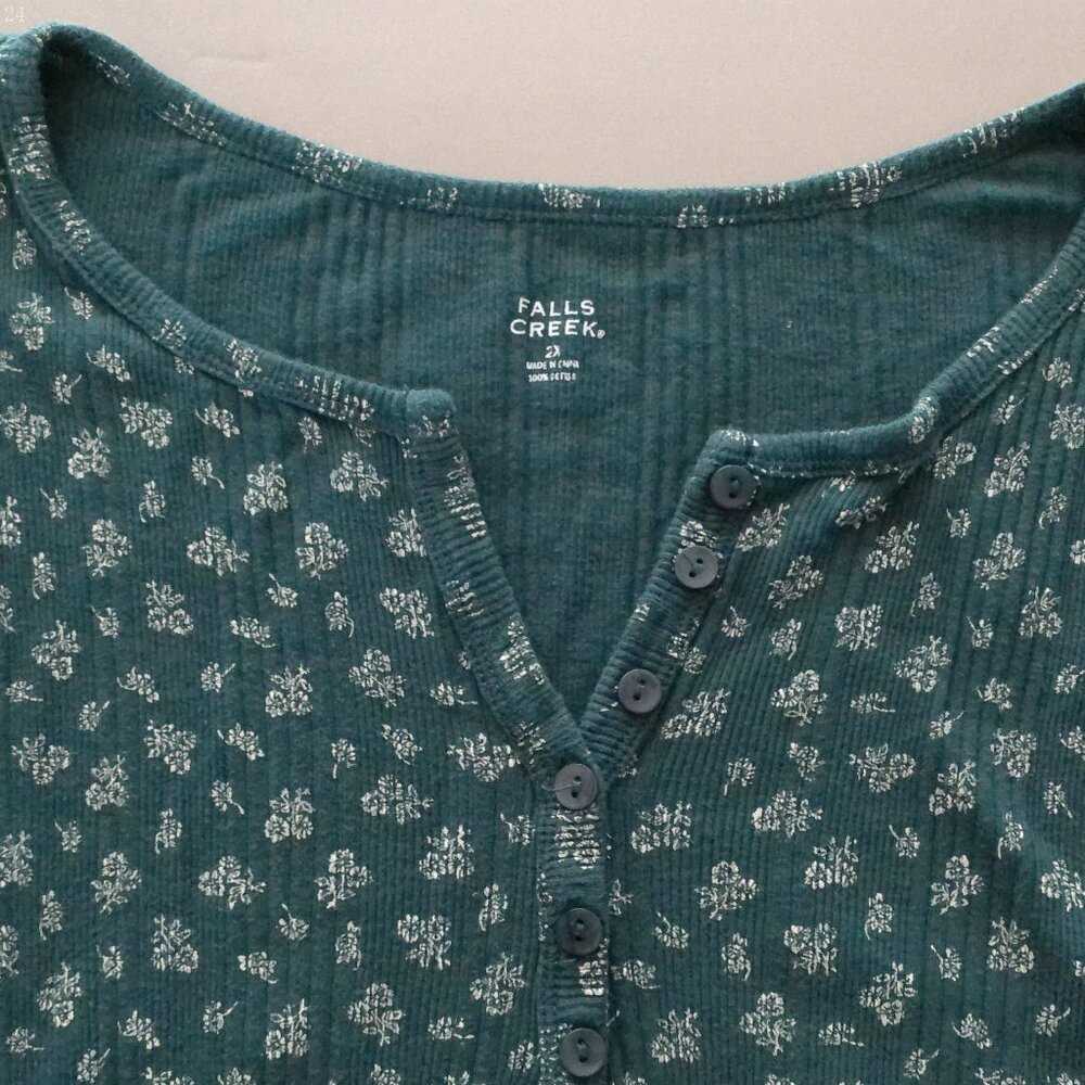 FALLS CREEK Long Sleeve Henley Teal w/Tiny Floral Print Cotton Ribbed Tee 2XL - Picture 4 of 9